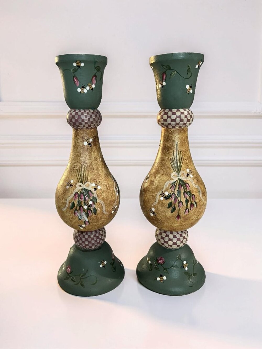 Pair of Vintage 10" Hand Painted Wood Candlestick Holders Farmhouse Style